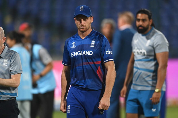 Jos Buttler of England looks on after losing to Afghanistan.