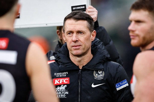 MELBOURNE, AUSTRALIA - JULY 15: Craig McRae, Senior Coach of the Magpies is seen during the 2023 AFL Round 18 match between the Collingwood Magpies and the Fremantle Dockers at the Melbourne Cricket Ground on July 15, 2023 in Melbourne, Australia. (Photo by Dylan Burns/AFL Photos via Getty Images)