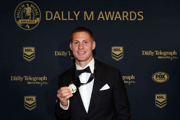 SYDNEY, AUSTRALIA - SEPTEMBER 27:  Kalyn Ponga of the Newcastle Knights poses after winning the 2023 NRL Dally M Medal and Fullback of the Year during the 2023 Dally M Awards at The Winx Stand, Royal Randwick Racecourse on September 27, 2023 in Sydney, Australia. (Photo by Mark Kolbe/Getty Images)