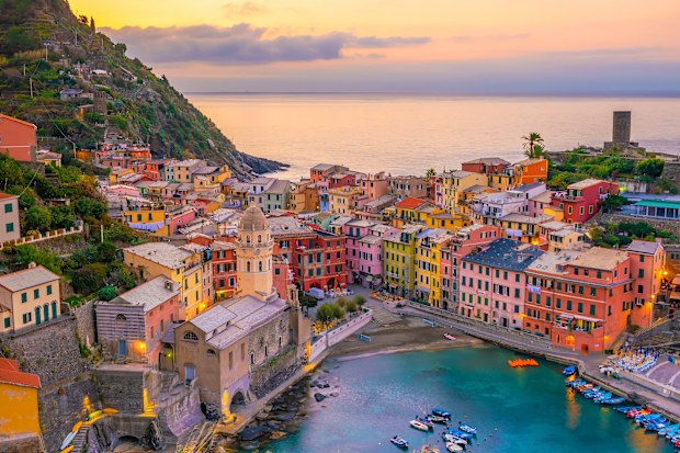 Vernazza, Colorful cityscape on the mountains over Mediterranean sea in Cinque Terre Italy Europe