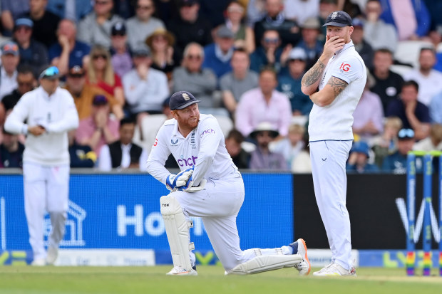 Wicketkeeper Jonathan Bairstow with England captain Ben Stokes after dropping Steve Smith.