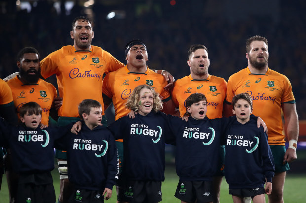 The Wallabies sing their national anthem during The Rugby Championship match between the Wallabies and Argentina.