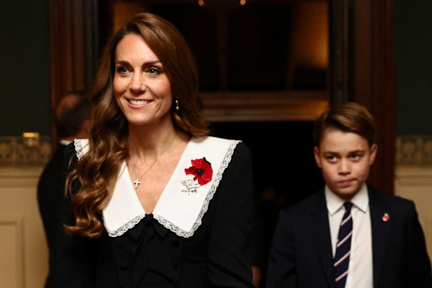 LONDON, ENGLAND - NOVEMBER 8: Britain's Catherine, Princess of Wales, and Prince George arrive at the Royal Albert Hall for the Royal British Legion Festival of Remembrance, an annual event honouring military service members, which holds special significance in 2025 as it marks the 80th anniversary of the end of World War Two, at the Royal Albert Hall  on November 8, 2025 in London, England. (Photo by Jack Taylor - WPA Pool / Getty Images)