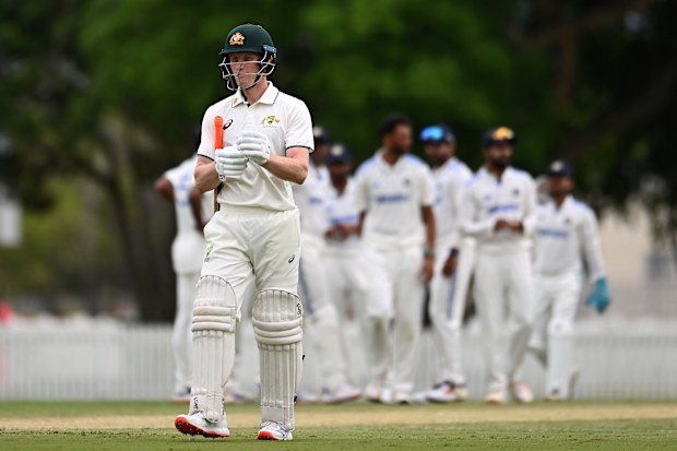 Cameron Bancroft walks off after losing his wicket in Australia A's 2024 tour match against India A in Mackay.