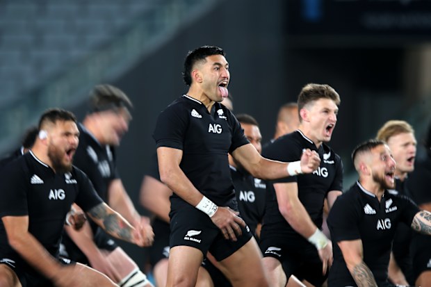 Rieko Ioane of the All Blacks performs the haka.