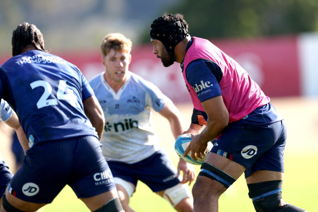 Patrick Tuipulotu during a Blues Super Rugby training session in Auckland a day before being named in the team's final line-up.
