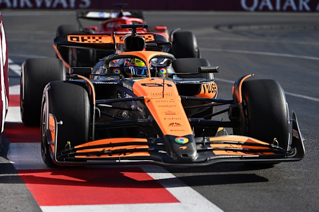 Oscar Piastri of Australia driving the (81) McLaren MCL38 Mercedes on track during the F1 Grand Prix of Azerbaijan at Baku City Circuit on September 15, 2024 in Baku, Azerbaijan. (Photo by James Sutton/Getty Images)