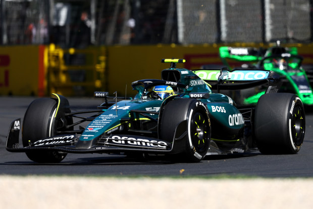 Fernando Alonso of Spain driving the Aston Martin AMR24 at turn six.