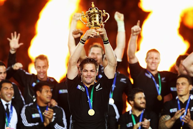 Richie McCaw celebrates winning the 2011 Rugby World Cup at Eden Park.