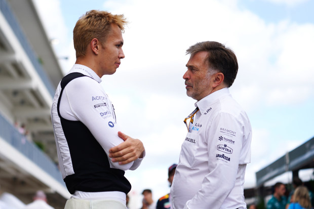 Jost Capito (right) speaks with Alexander Albon prior to the Formula 1 United States Grand Prix.