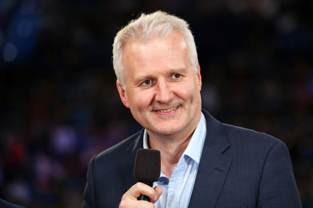 Andrew Gaze speaks on camera during the half time break of the International Basketball Friendly match between Australian Boomers and Canada at RAC Arena on August 16, 2019 in Perth, Australia. (Photo by Mark Kolbe/Getty Images)
