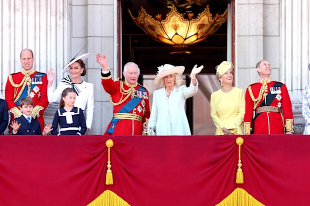 Prince George of Wales, Prince William, Prince of Wales, Prince Louis of Wales, Catherine, Princess of Wales, Princess Charlotte of Wales, King Charles III, Queen Camilla, Sophie, Duchess of Edinburgh, Prince Edward, Duke of Edinburgh and Lady Louise Windsor on the balcony during Trooping the Colour at Buckingham Palace on June 15, 2024 in London, England. 