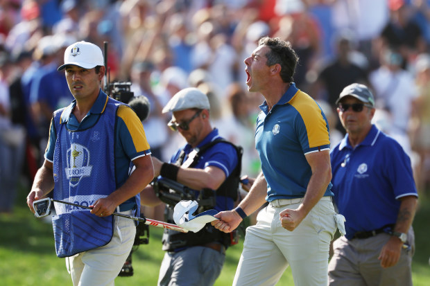 Rory McIlroy of Team Europe celebrates winning at the Ryder Cup.