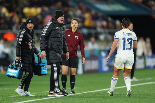 WELLINGTON, NEW ZEALAND - JULY 25: Alen Stajcic, Head Coach of Philippines, instructs Angela Beard during the FIFA Women's World Cup Australia & New Zealand 2023 Group A match between New Zealand and Philippines at Wellington Regional Stadium on July 25, 2023 in Wellington, New Zealand. (Photo by Catherine Ivill/Getty Images)