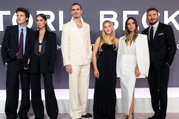 LONDON, ENGLAND - OCTOBER 08: (L-R) Cruz Beckham, Jackie Apostel, Romeo Beckham, Harper Beckham, Victoria Beckham and David Beckham attend the "Victoria Beckham" World Premiere at the Curzon Mayfair on October 08, 2025 in London, England. (Photo by Karwai Tang/WireImage)