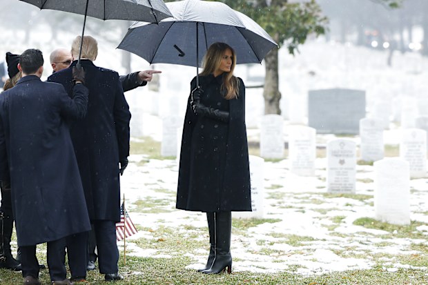 President-Elect Donald Trump and Melania Trump visit Section 60 in Arlington National Cemetery on January 19, 2025 in Arlington, Virginia.  Trump will be sworn in as the 47th president of the United States on January 20 in a rare indoor ceremony. 