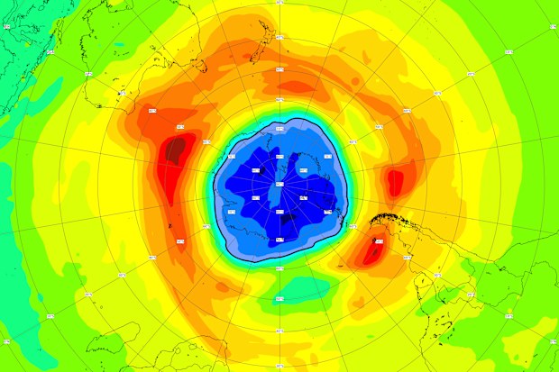 This image, provided on Thursday, Sept. 16, 2021 by the European Space Agency (ESA) shows a map of the ozone hole over the South Pole on 16 September 2021. Scientists say the Southern Hemisphere ozone hole is larger than usual and already surpasses the size of Antarctica. (AP Photo/European Space Agency, ESA)
