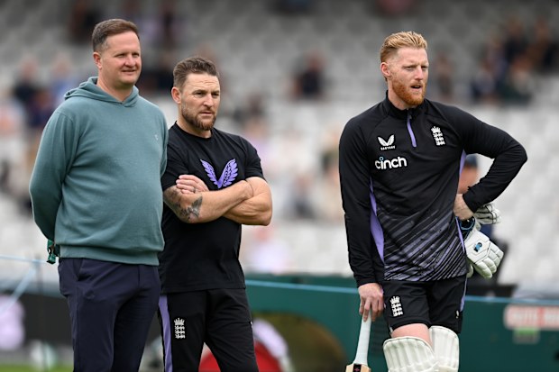 England director of men's cricket Rob Key, head coach Brendan McCullum and Test captain Ben Stokes.