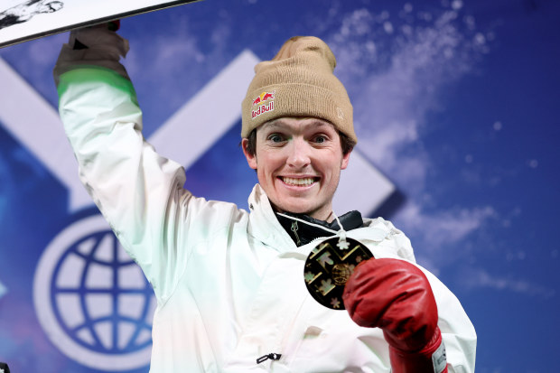 A jubilant Scotty James shows off his newly won X Games gold medal.