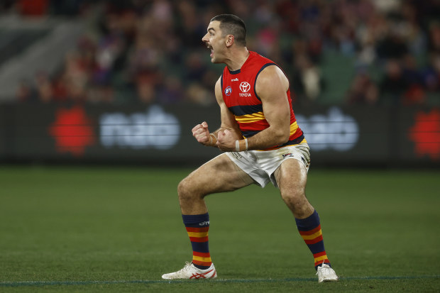 MELBOURNE, AUSTRALIA - JULY 23: Taylor Walker of the Crows celebrates kicking a goal during the round 19 AFL match between Melbourne Demons and Adelaide Crows at Melbourne Cricket Ground, on July 23, 2023, in Melbourne, Australia. (Photo by Daniel Pockett/Getty Images)