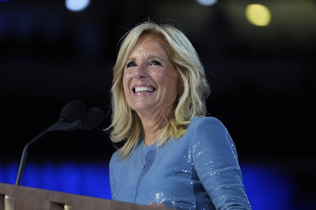 First Lady Jill Biden speaks during the Democratic National Convention Monday, Aug. 19, 2024, in Chicago. (AP Photo/Paul Sancya)