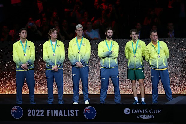 Australia team members Lleyton Hewitt (from left), Alex De Minaur, Jordan Thompson, Thanasai Kokkinakis, Max Purcell and Matthew Ebden at the Davis Cup.