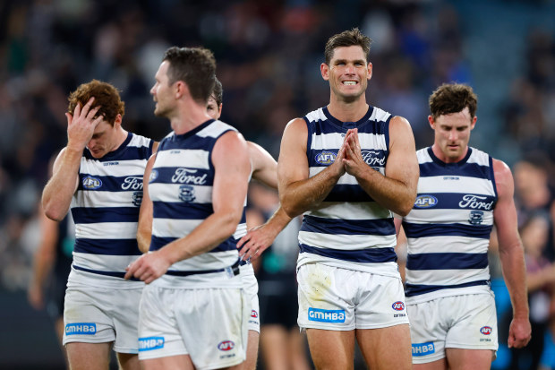 MELBOURNE, AUSTRALIA - MARCH 23: Tom Hawkins of the Cats looks dejected after a loss during the 2023 AFL Round 02 match between the Carlton Blues and the Geelong Cats at the Melbourne Cricket Ground on March 23, 2023 in Melbourne, Australia. (Photo by Dylan Burns/AFL Photos)