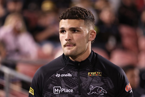 Nathan Cleary looks on during the round 26 NRL match between Penrith Panthers and South Sydney Rabbitohs at BlueBet Stadium, on August 30, 2024, in Penrith, Australia. 