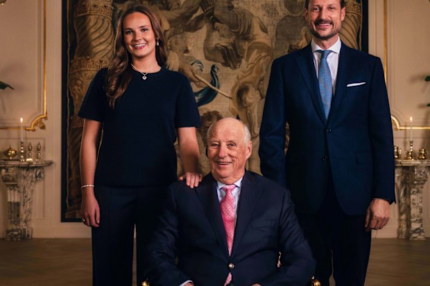 King Harald of Norway pictured for his 89th birthday (on February 21, 2026) with Crown Prince Haakon and Princess Ingrid Alexandra, Norwegian royal family line of succession.