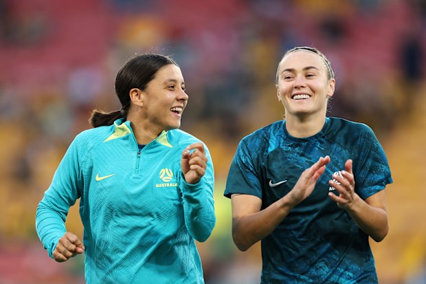 Sam Kerr and Caitlin Foord warm up before the FIFA Women's World Cup Australia & New Zealand 2023 Third Place Match match between Sweden and Australia at Brisbane Stadium.