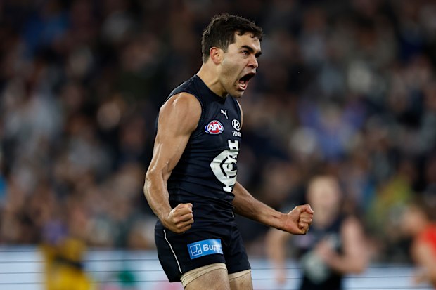 MELBOURNE, AUSTRALIA - SEPTEMBER 08: Jack Martin of the Blues celebrates a goal during the 2023 AFL First Elimination Final match between the Carlton Blues and the Sydney Swans at Melbourne Cricket Ground on September 08, 2023 in Melbourne, Australia. (Photo by Michael Willson/AFL Photos via Getty Images)