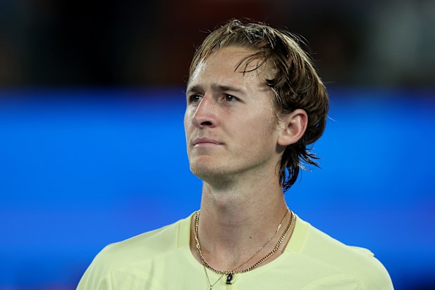MELBOURNE, AUSTRALIA - JANUARY 24: Sebastian Korda of the United States looks on during the quarterfinal singles match against Karen Khachanov of Russia during day nine of the 2023 Australian Open at Melbourne Park on January 24, 2023 in Melbourne, Australia. (Photo by Mark Kolbe/Getty Images)