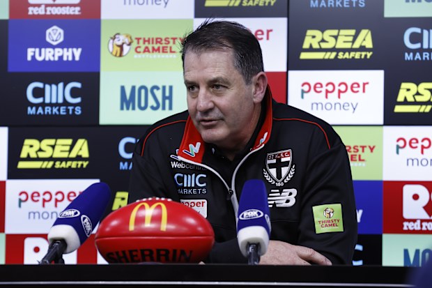 MELBOURNE, AUSTRALIA - JULY 23: Ross Lyon, Senior Coach of the Saints speaks to the media after the round 19 AFL match between St Kilda Saints and North Melbourne Kangaroos at Marvel Stadium, on July 23, 2023, in Melbourne, Australia. (Photo by Darrian Traynor/Getty Images)