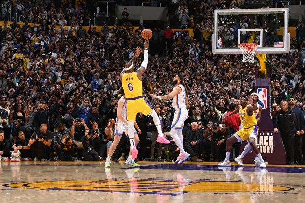 LOS ANGELES, CA - FEBRUARY 7: LeBron James #6 of the Los Angeles Lakers shoots the ball to break Kareem Abdul-Jabbar's all time scoring record of 38,388 points during the game against the Oklahoma City Thunder on February 7, 2023 at Crypto.Com Arena in Los Angeles, California. NOTE TO USER: User expressly acknowledges and agrees that, by downloading and/or using this Photograph, user is consenting to the terms and conditions of the Getty Images License Agreement. Mandatory Copyright Notice: Copy