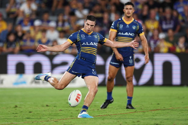 Mitchell Moses of the Eels with a field goal attempt against the Melbourne Storm. (Photo by Cameron Spencer/Getty Images)