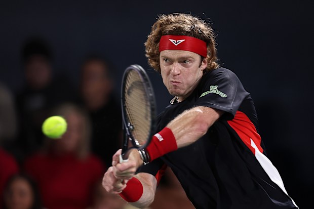 Andrey Rublev in action against Francisco Cerundolo of Argentina in the second round during day two of the Rolex Paris Masters 2024 on October 29, 2024 in Paris, France.  (Photo by Julian Finney/Getty Images)