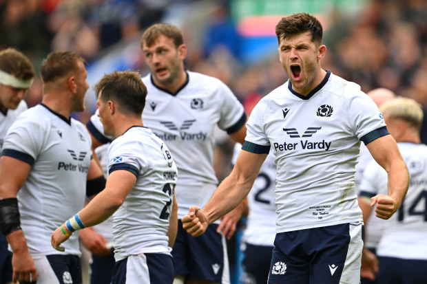 Blair Kinghorn of Scotland celebrates victory on the final whistle during the Summer International match between Scotland and France at Murrayfield Stadium.