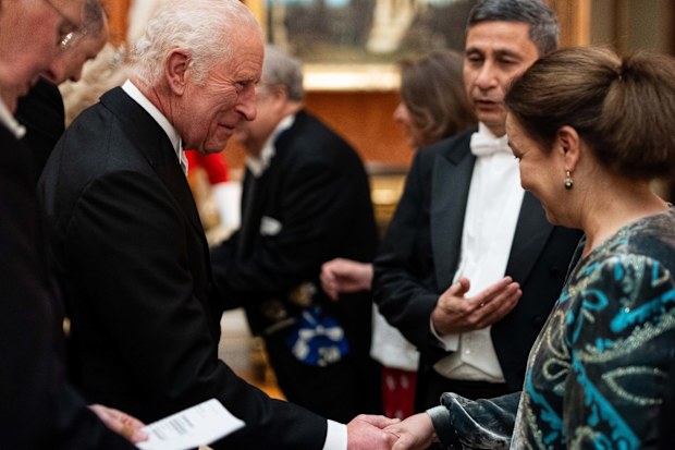 LONDON, ENGLAND - NOVEMBER 13: King Charles III speaks to guests during the Diplomatic Corps reception at Buckingham Palace on November 19, 2024 in London, England. (Photo by Aaron Chown - WPA Pool/Getty Images)