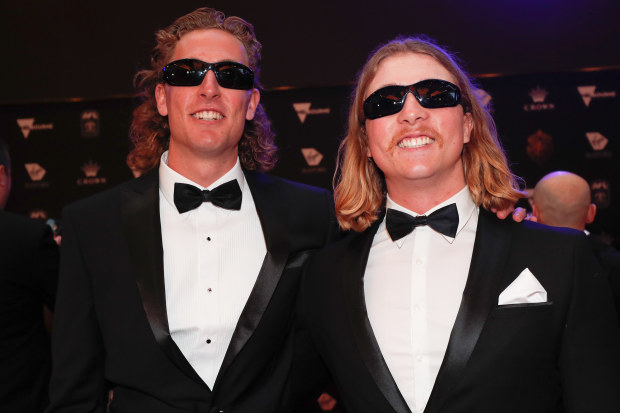 Aaron Naughton of the Bulldogs and housemate Ethan McAleese pose during the 2022 Brownlow Medal at Crown Palladium on September 18, 2022 in Melbourne, Australia. (Photo by Michael Willson/AFL Photos)
