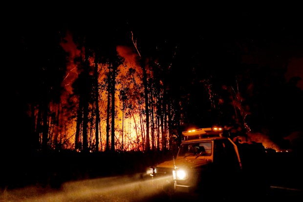 MALLACOOTA, AUSTRALIA - JANUARY 02: DELWP ( The Department of Environment, Land, Water and Planning ) and CFA ( Country Fire Authority ) Crews monitor fires and begin back burns between the towns of Orbost and Lakes Entrance in east Gipplsland  on January 02, 2020 in Australia. The HMAS Choules docked outside of Mallacoota this morning to evacuate thousands of people stranded in the remote coastal town following fires across East Gippsland which have killed one person and destroyed dozens of pro