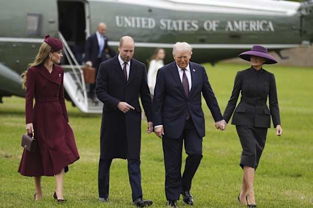 Prince William and Kate, Princess of Wales, left, receive President Donald Trump and first lady Melania Trump 
