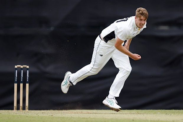 Cameron Green of Western Australia follows through after his bowling during day two of the Sheffield Shield match.