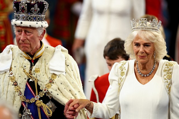 LONDON, ENGLAND - JULY 17: King Charles III wears the Imperial State Crown and Queen Camilla wears the Diamond Diadem during a ceremony on the day of the State Opening of Parliament at the Palace of Westminster, on July 17, 2024 in London, England. King Charles III delivers the King's Speech setting out the new Labour government's policies and proposed legislation for the coming parliamentary session. (Photo by Hannah McKay - WPA Pool/Getty Images)