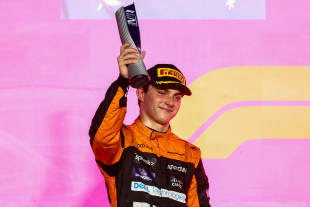 Oscar Piastri celebrates second place in the Qatar Grand Prix.