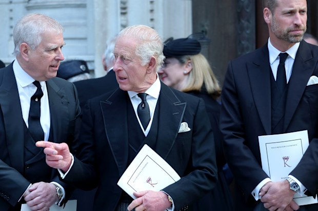LONDON, ENGLAND - SEPTEMBER 16: Prince Andrew, Duke of York, King Charles III and Prince William, Prince of Wales attend the Funeral of the Duchess of Kent at Westminster Cathedral on September 16, 2025 in London, England. Katharine, Duchess of Kent was married to Prince Edward, Duke of Kent, the first cousin of Queen Elizabeth II. She died on September 4 at the age of 92 at Kensington Palace surrounded by her family. Having converted to Catholicism in 1994, her funeral takes place at Westminste