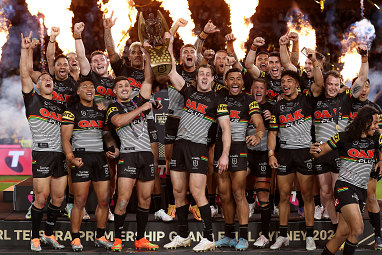 Penrith lift the premiership trophy 