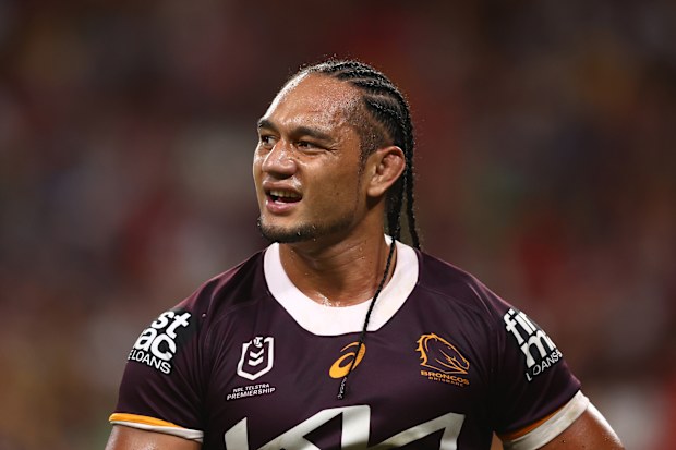 Martin Taupau of the Broncos looks on during the round six NRL match between Brisbane Broncos and Canberra Raiders at Suncorp Stadium on April 08, 2023 in Brisbane, Australia. (Photo by Chris Hyde/Getty Images)