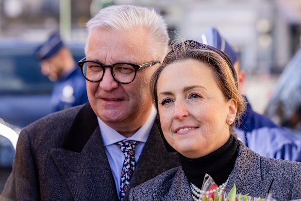 LAEKEN, BELGIUM - FEBRUARY 18: Prince Laurent and Princess Claire of Belgium attend the annual mass in memory of deceased members of the royal family at Eglise Notre-Dame de Laeken on February 18, 2025 in Laeken, Belgium. (Photo by Geert Vanden Wijngaert/Getty Images)