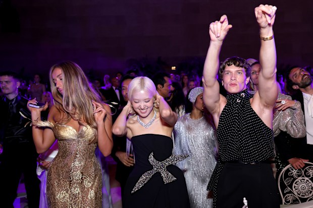 NEW YORK, NEW YORK - MAY 04: (L-R) Tate McRae, Rosé, and Connor Storrie attend the 2026 Met Gala celebrating "Costume Art" at the Metropolitan Museum of Art on May 04, 2026 in New York City. (Photo by Kevin Mazur/MG26/Getty Images for The Met Museum/Vogue)