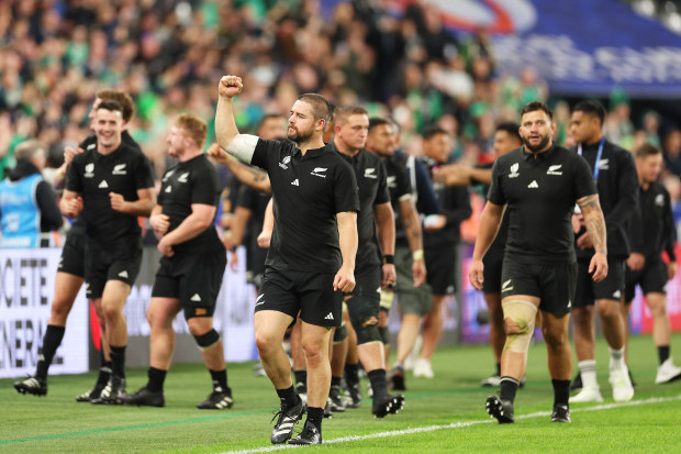 Dane Coles of New Zealand acknowledges the fans following the team's victory over Ireland.